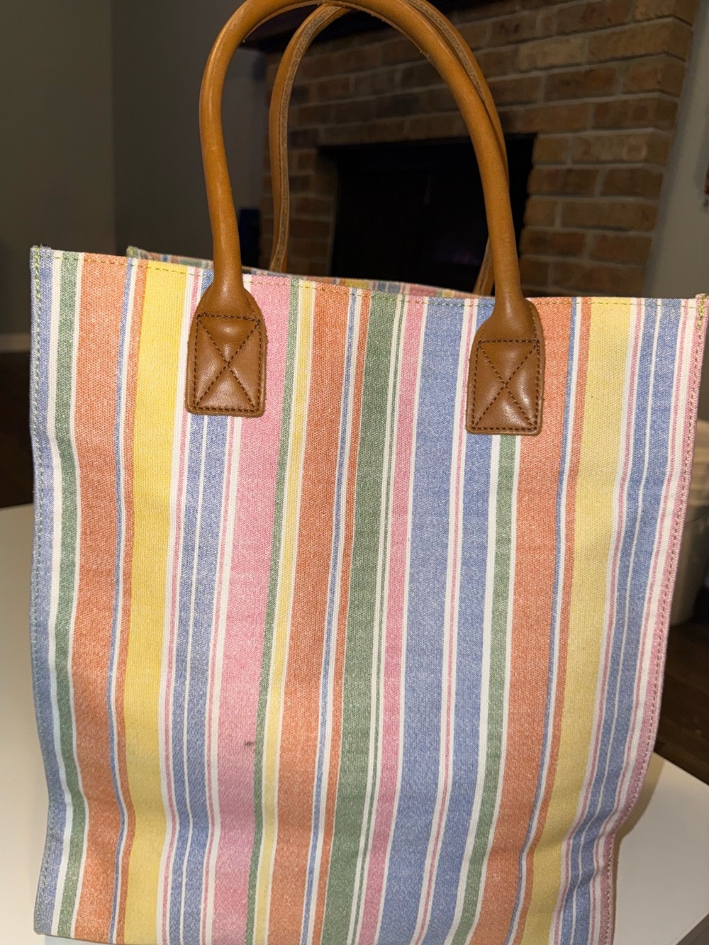 L.L. Bean Multicolor Striped Canvas Tote with Brown Handles